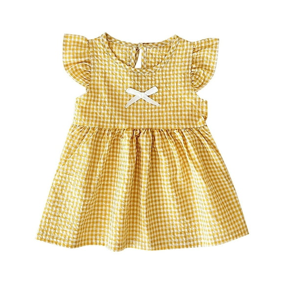 YOUSNH Robe d'Été pour Fille à Manches Volantées, Motif à Carreaux, Couleur Unie, Robe Légère et Décontractée d'Été, Quatre Couleurs Disponibles, Robes pour Filles Jaune 12-18 Mois