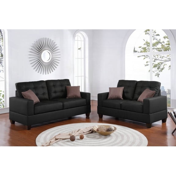 Living Room Furniture | 2pc Black Faux Leather Sofa Set w Pillows