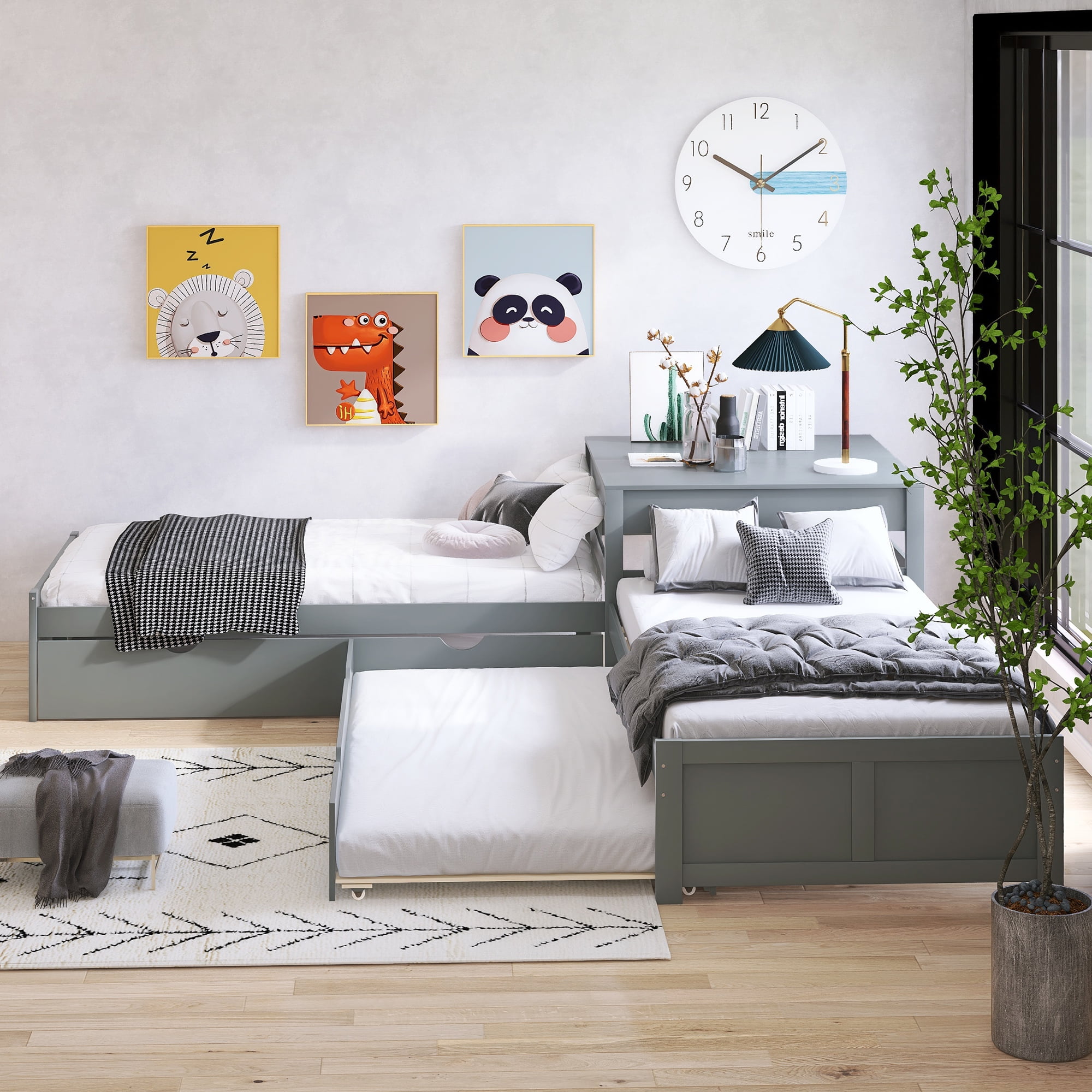 L Shaped Platform Bed with Two Trundles, Wooden Twin Corner Bed with