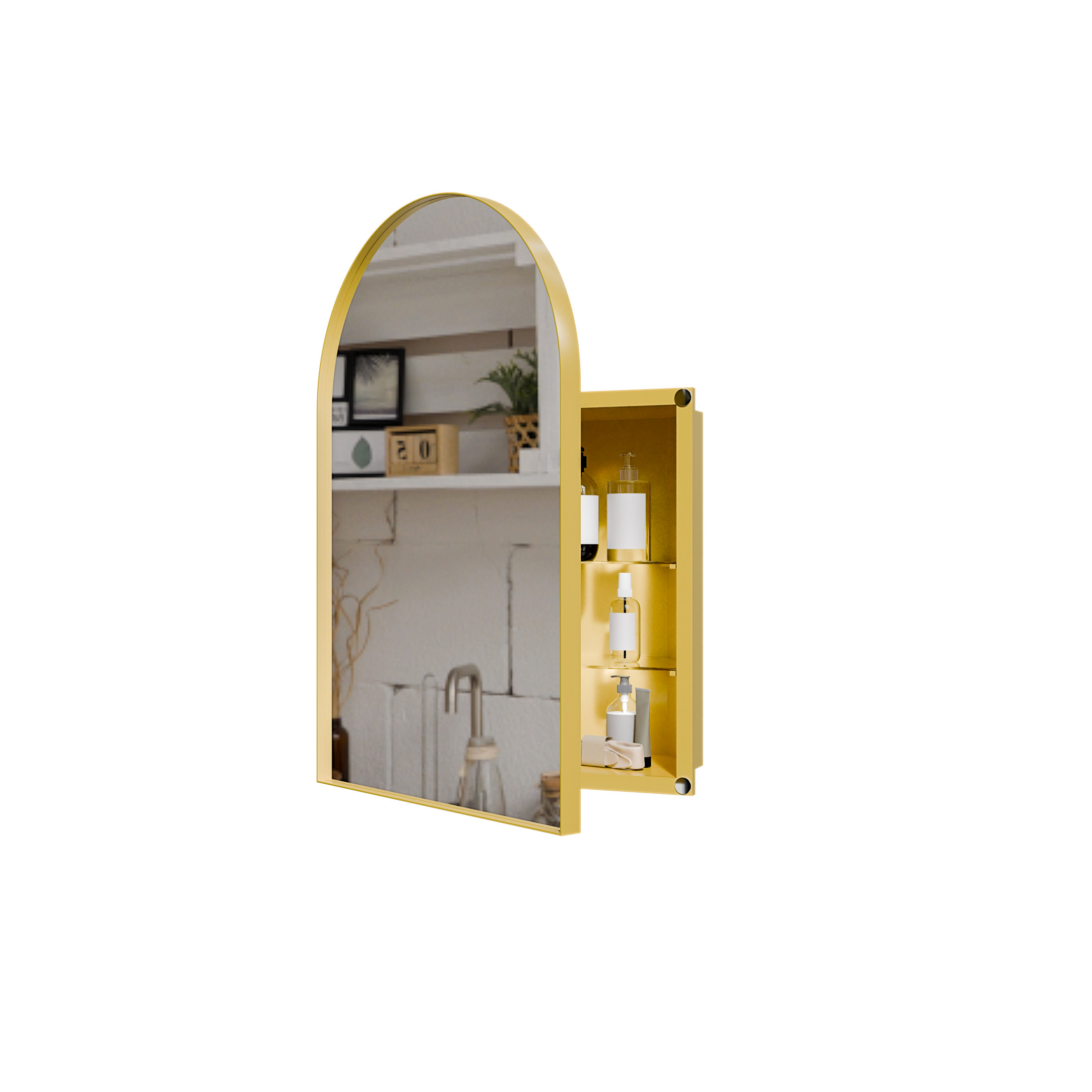 Noble House 18" Corner Medicine Cabinet, Arched Mirror, Metal Frame, Adjustable Glass Shelves, for Small Spaces, Golden