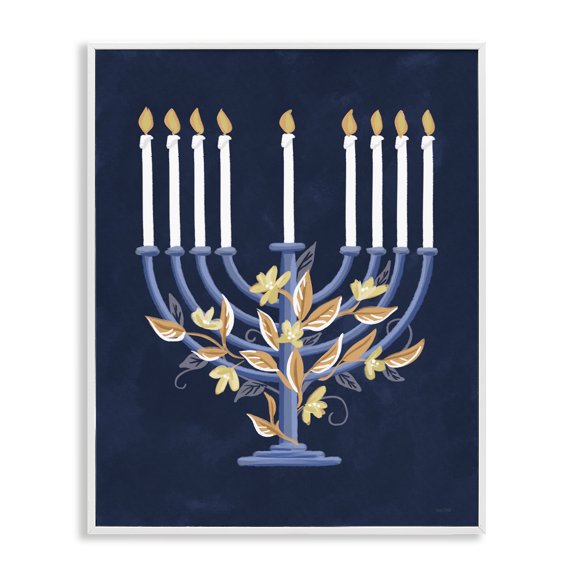 Stupell Industries Eclectic Traditional Floral Hanukkah Menorah White Framed Giclee Art, 11 x 14, by House Fenway