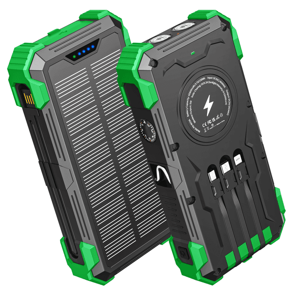 42800mAh Solar Power Bank with 4 Cables, 15W Fast Charging for iPhone/Android, Wireless Portable Charger with Dual Flashlight for Outdoor Camping(Green)