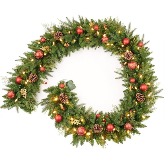 PUCACHI 9 feet Pre-Lit Christmas Garland, Mixed Pine Decorated with Frosted Berries, Pinecones, 50 LED, for Mantle Staircase Indoor and Outdoor