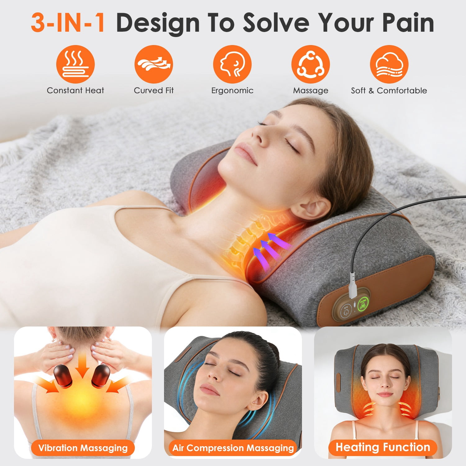 Imountek 3 in 1 Neck Massager Pillow with Heating, Ergonomic Massager Vibration Air Compression 30Min Timer for Neck Back Shoulder