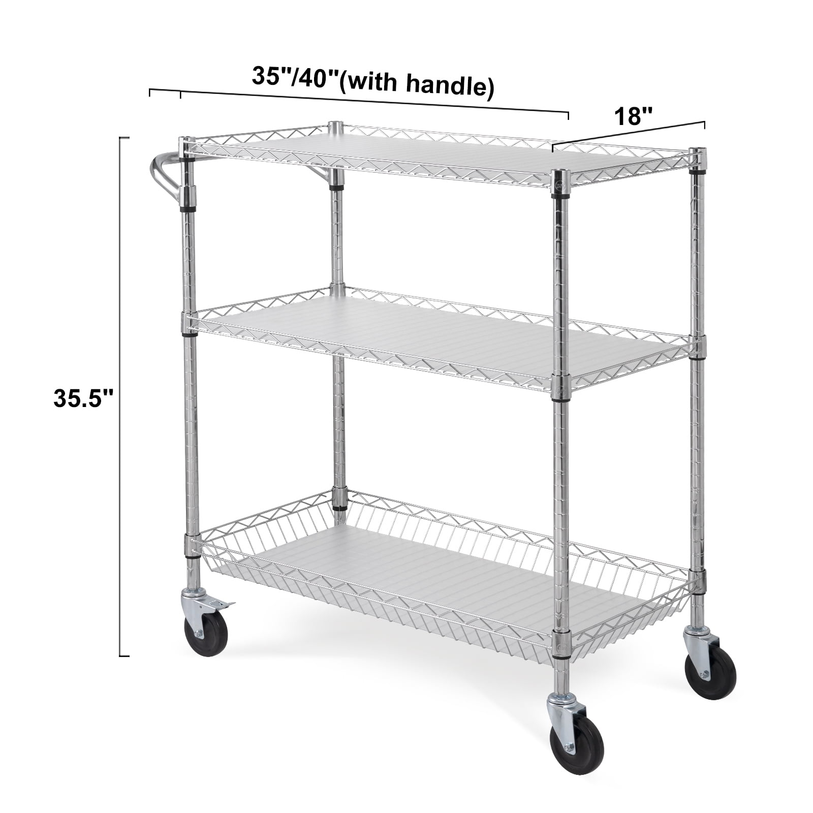 KFFKFF 3-Tier Utility Cart Rolling Cart on Wheels 661 lbs 35"x18"x35.5"6 Hooks