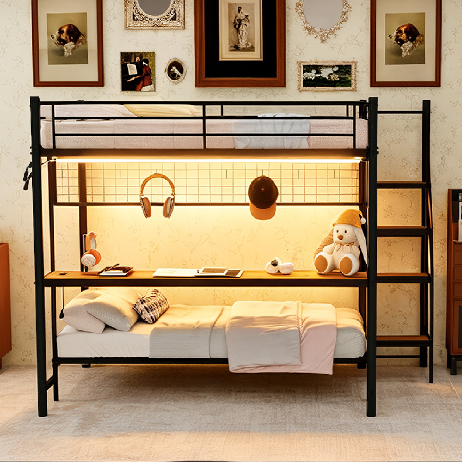 Leumius Twin over Full Size Metal Bunk Bed with Built-In Desk & LED Lighting,Heavy Duty Metal Bunk Beds Frame with Ladder for Bedrooms,Dorms,Black