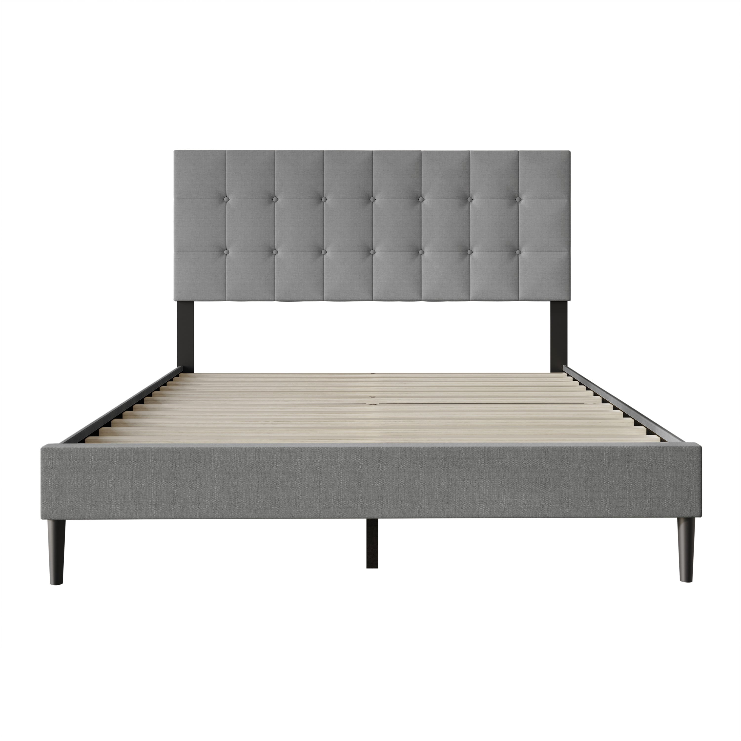 Home Design Evanston Twin Tufted Upholstered Platform Bed with Slatted Wood and Foam-Padded Headboard, Gray, Easy Assembly