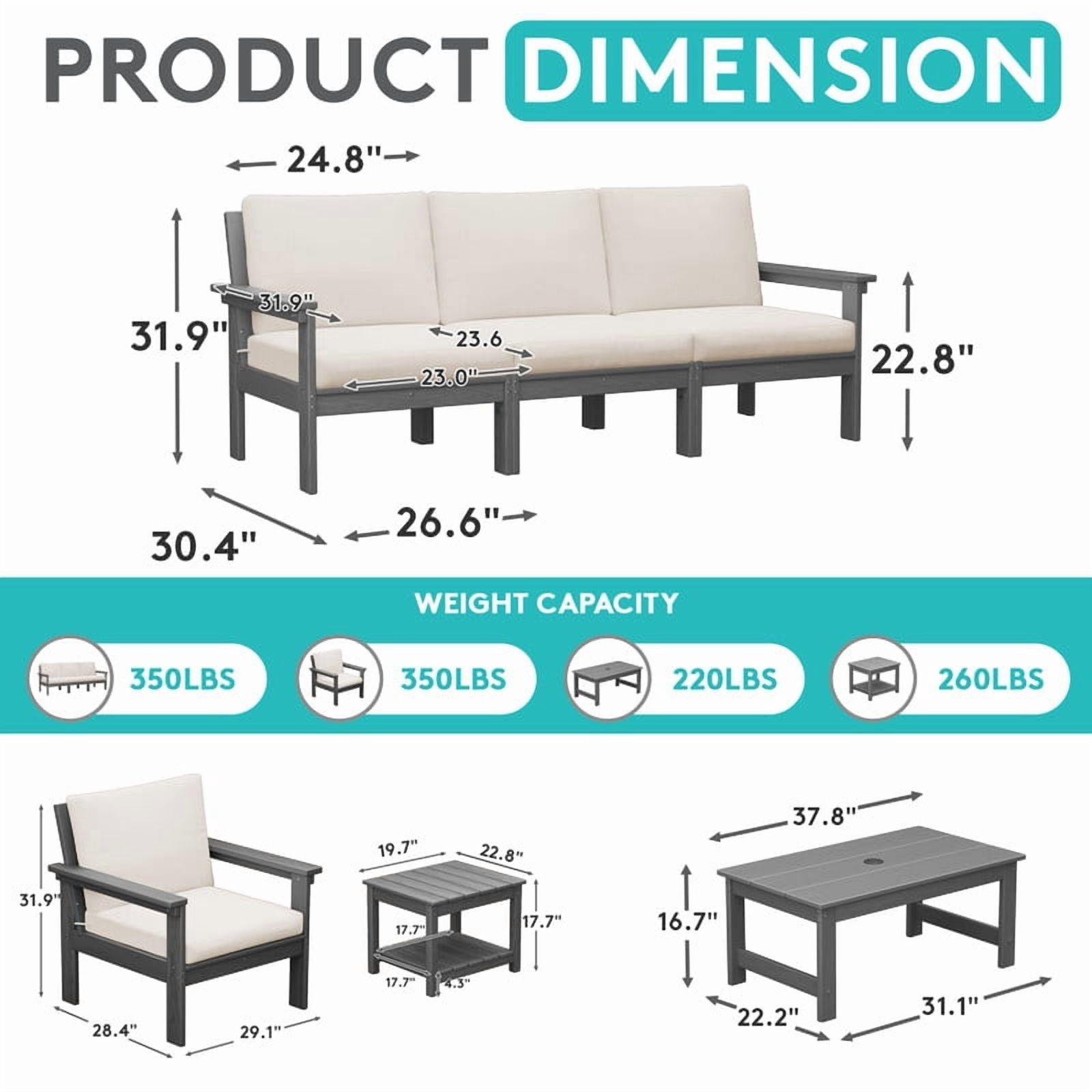 FUNDAZE Oversize 5 Pieces Patio Furniture Sets, Waterproof HDPE Frame Outdoor Conversation Sets Perfect for Patio, Poolside & Backyard, Grey Frame with Khaki Cushion