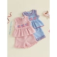 thumbnail image 3 of Loicainy Baby Toddler Girl 4th of July Clothes 6 12 18 24 Months 2T 3T 4T Flag Embroidery Plaid Frills Sleeveless Tank Tops Elastic Waist Shorts 2Pcs Summer Outfits Set, 3 of 9