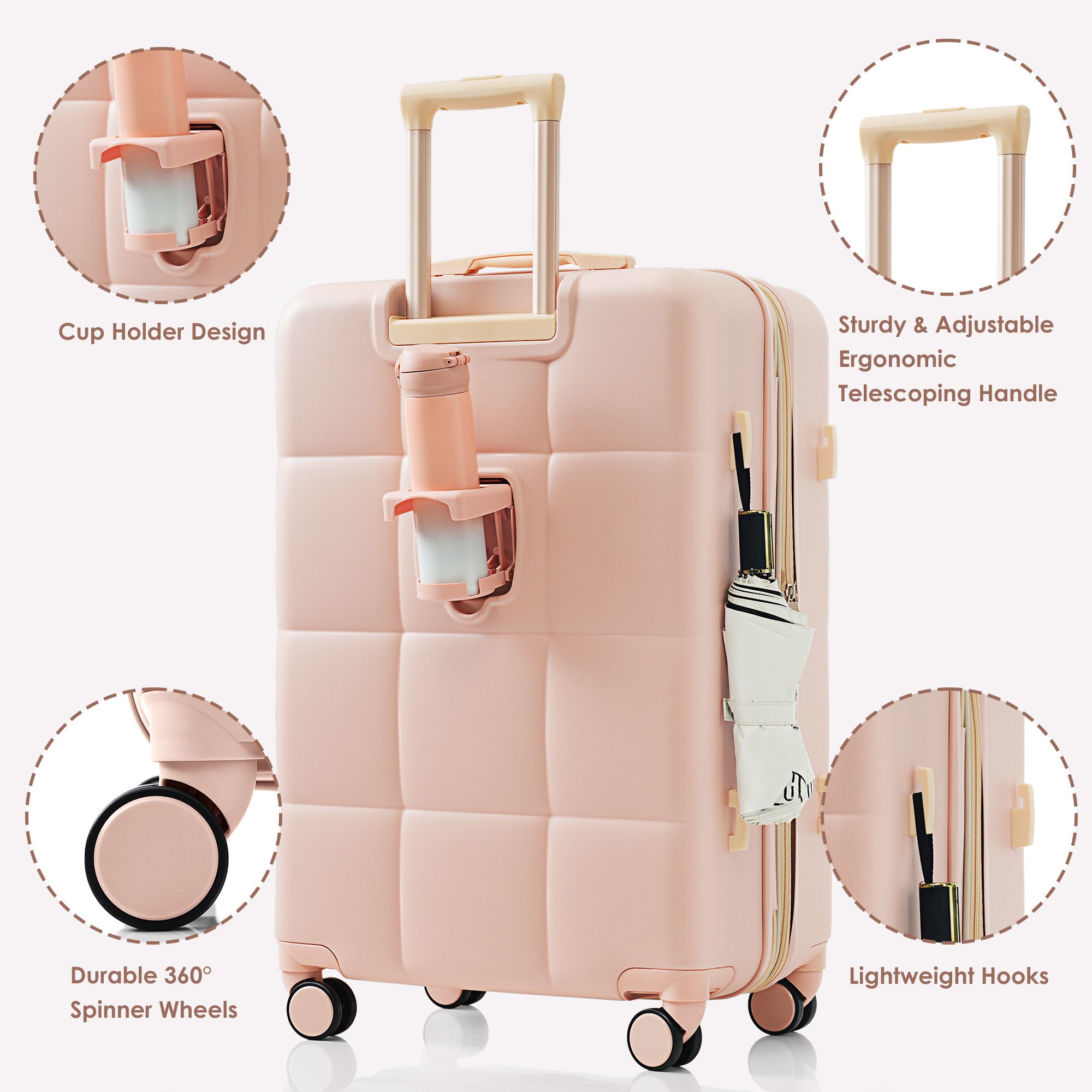 Aukfa Luggage Set, 3 Piece Expandable Hardshell Suitcase with USB Port and Cup Holders, Spinner Wheels, Pink
