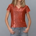 thumbnail image 2 of Wyobmus Sequin Sparkly Tops for Women Reffled Short Sleeve V Neck Tops Solid Color Sequin Glitter Shirt for Party Evening Cocktail S-2X Red, 2 of 5