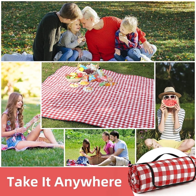 Mantas de picnic al aire libre, manta de picnic de 79 x 79 pulgadas, impermeable, plegable, ideal para playa, camping en hierba. (Rojo y blanco) Adepaton LRWJ484