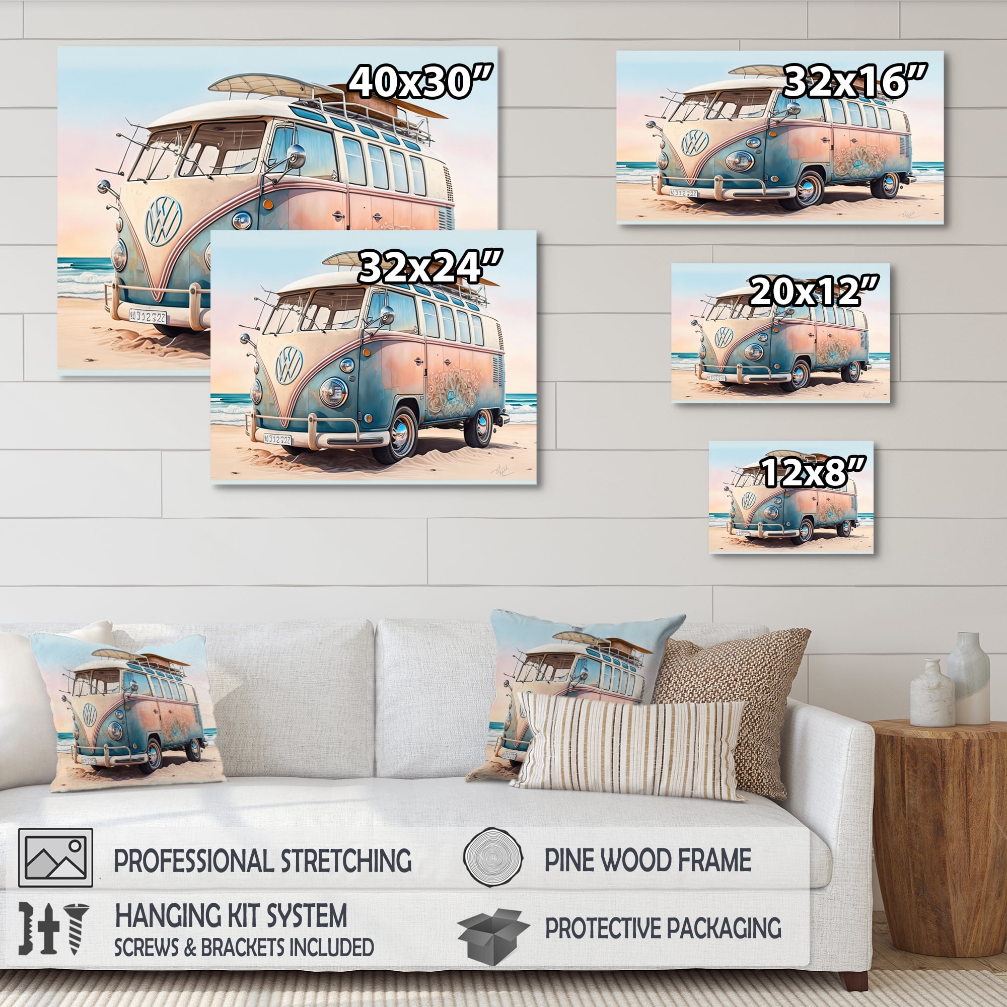 Designart 70S Surfing Van At The Beach II Canvas Wall Art