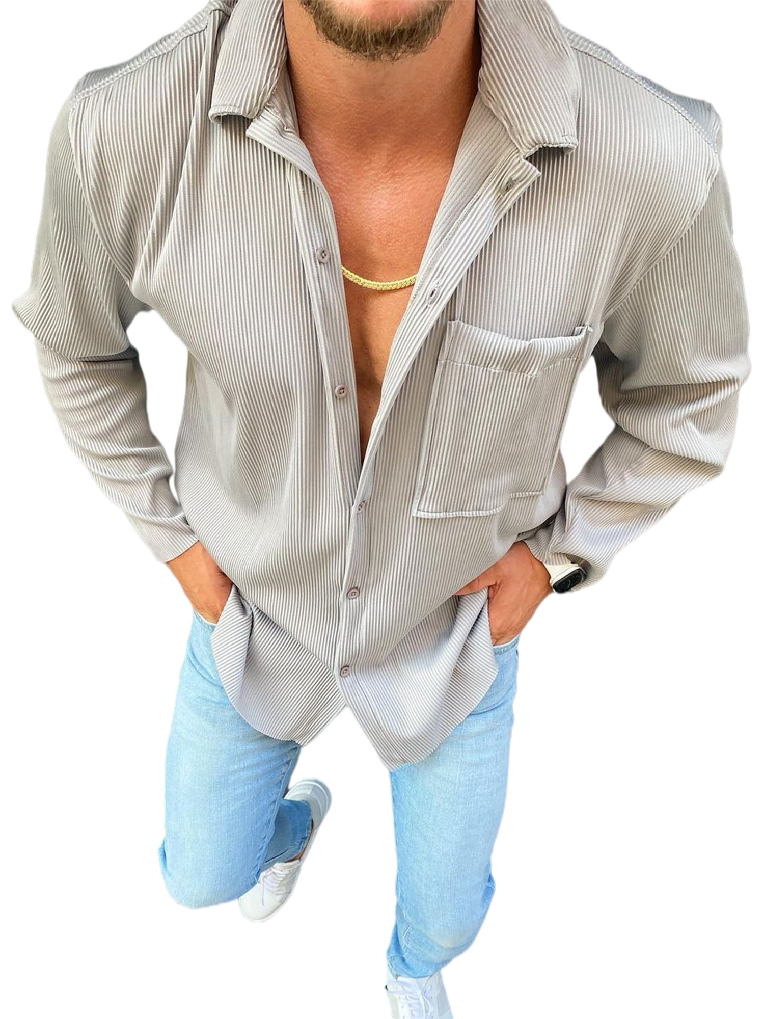 Generic Mens Stylish Stripe Long Sleeve Slim Nightclub Button Front Shirts 