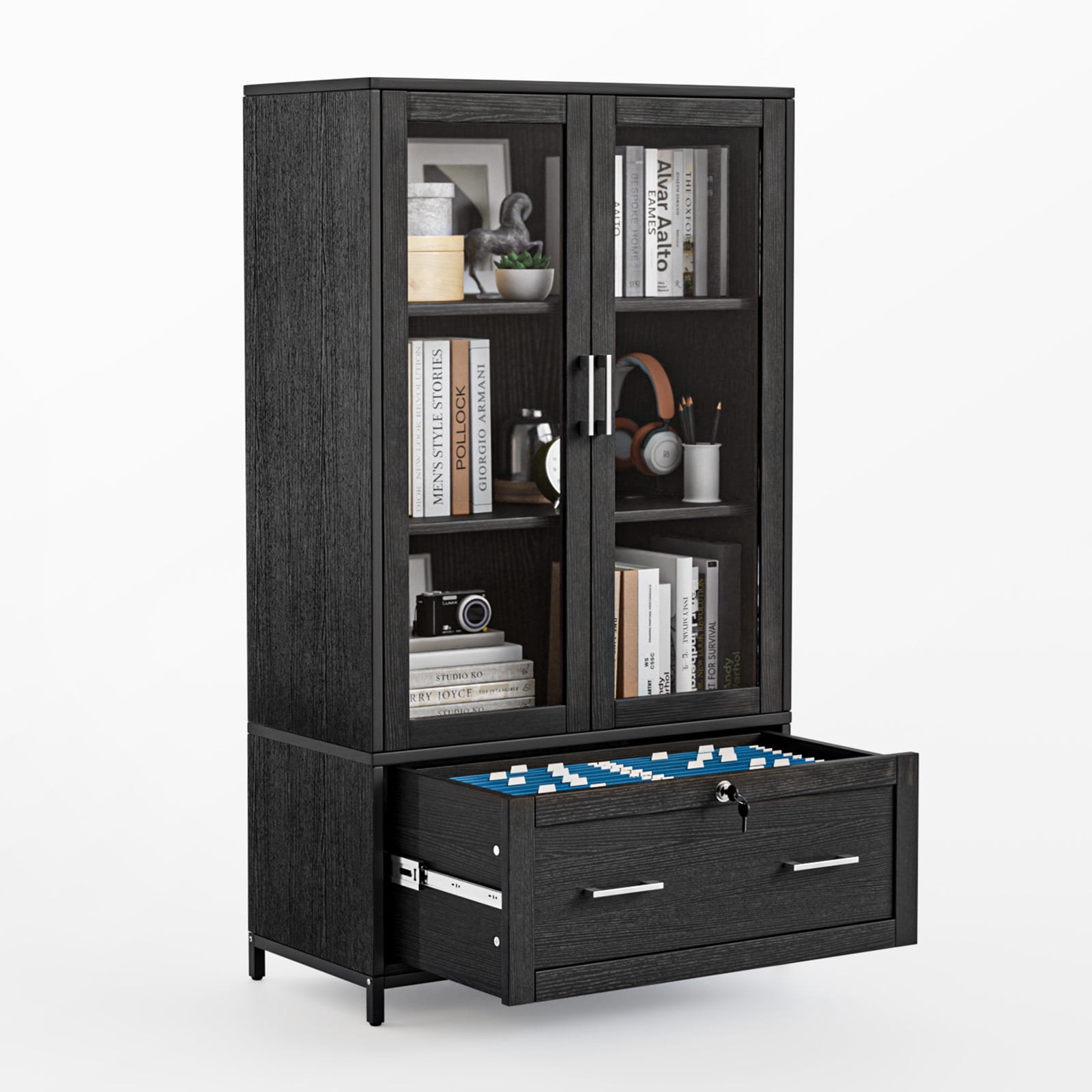 Ktaxon Lockable 4 Tier File Cabinet Bookcase with Letter+Legal Size Drawer&Adjustable Shelves, Wood Bookshelf Storage with Glass Door, Black