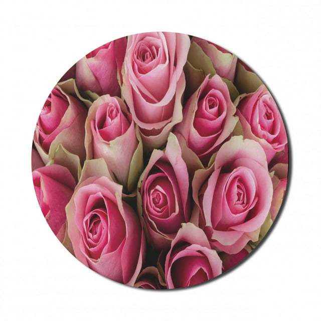 Rose Mouse Pad for Computers, Blooming Fresh Pink Roses Bridal Bouquet Romance Sweetheart Valentine, Round Non-Slip Thick Rubber Modern Gaming Mousepad, 8" Round, Pink Pale Green, by Ambesonne