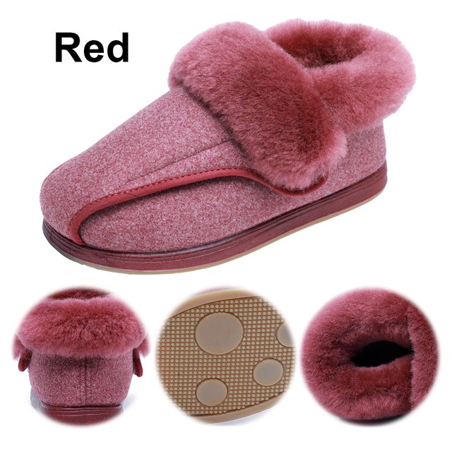 zapatos deslizados pies hinchados diabéticos para mujeres con cierre ajustable ancianos alivio del dolor pie neuropatía, zapatilla roja 3/4 con parte superior tweed de lana, cierre velcro ajustable, forro polar coral, plantilla viscoelástica y suela de goma antideslizante; tallas 37–42 (US 5.5–8.5). Uso frecuente como calzado cómodo para casa.