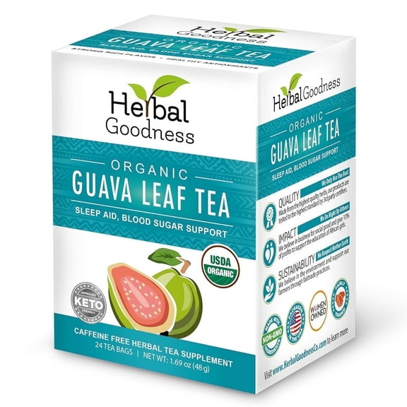 Guava Leaf Tea Bag, 100% Organic Natural Guava Leaves - Hojas De Guayaba Organica, Blood Support, Digestive & Relaxation Tea, 24/2g - Herbal Goodness