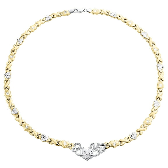 1/10th 10K Yellow Gold Two Tone I Love You XOXO Stampato Statement Necklace 17"