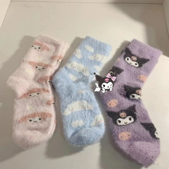 3 Pairs Women Girl's Plush Socks Melody Sleeping Socks Winter Cartoon Warm Socks