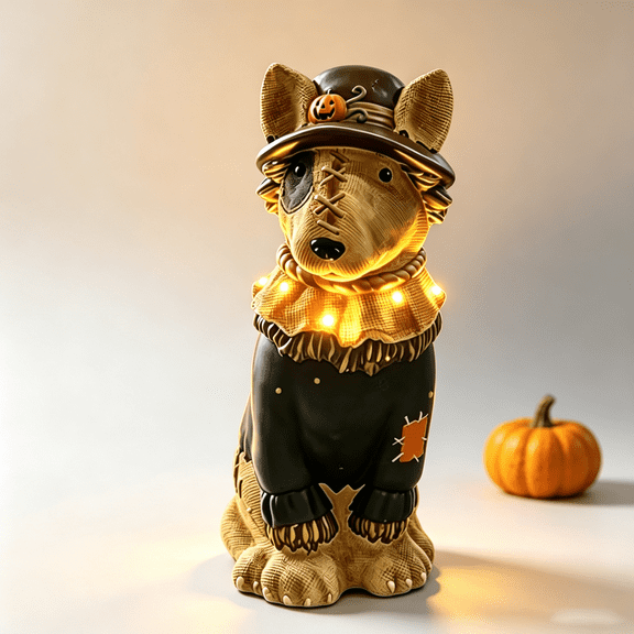 Lighted Halloween Scarecrow Dog Figurine, Warm LED Glow Statue for Patio Yard Tabletop Decor