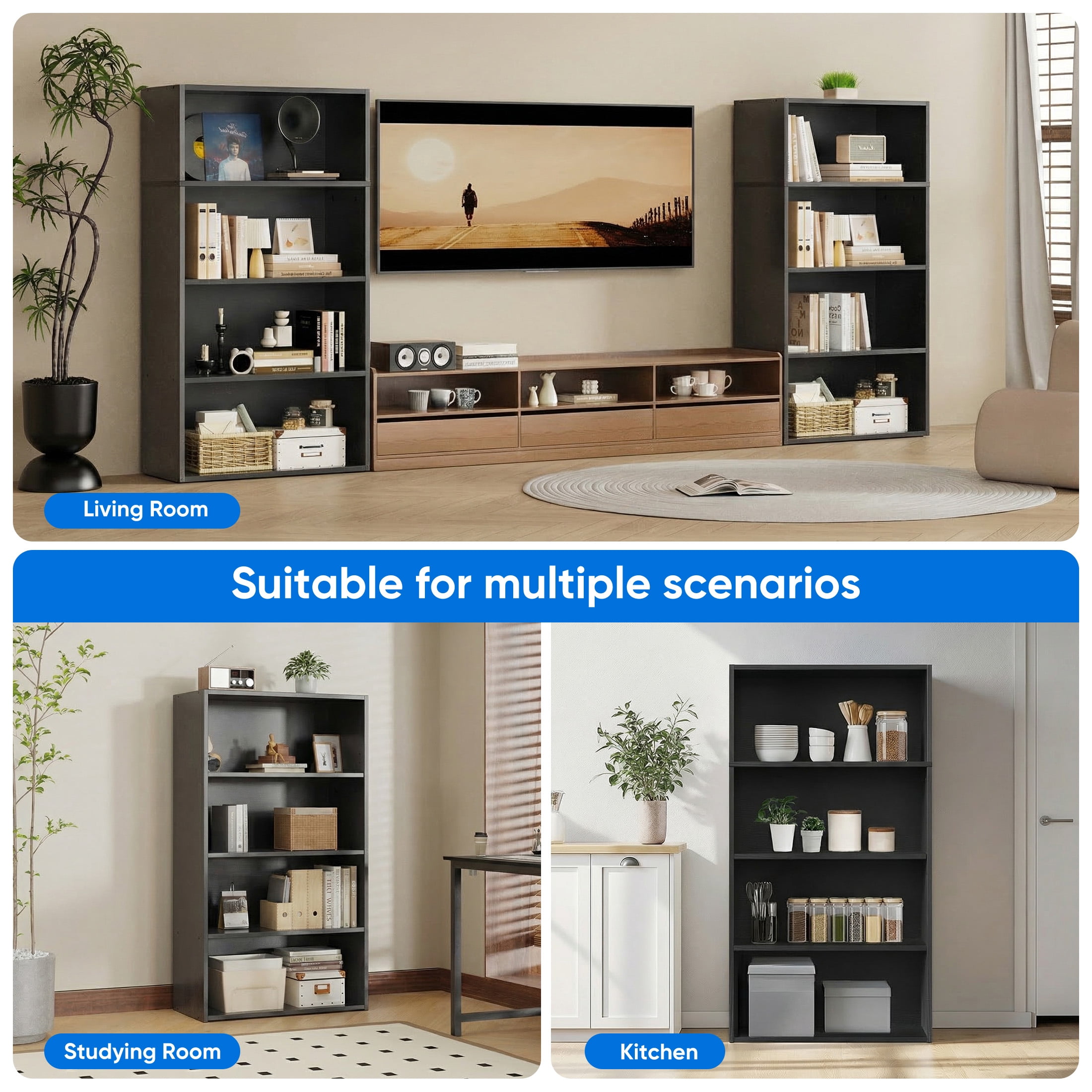 EDX 4 Tier Bookcase Storage, 42 Inch Large Tall Floor Standing Open Bookshelf for Home Office, Living Room, and Bedroom, Black