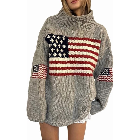 NOBRAND Women's American Flag Oversized Turtleneck Long Sleeve Knit Pullover Sweater