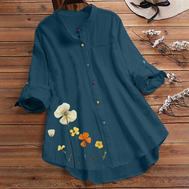 Polos pour Femmes Chemise à Col à Revers Colorée à Boutons Imprimée Haut à Manches Longues
