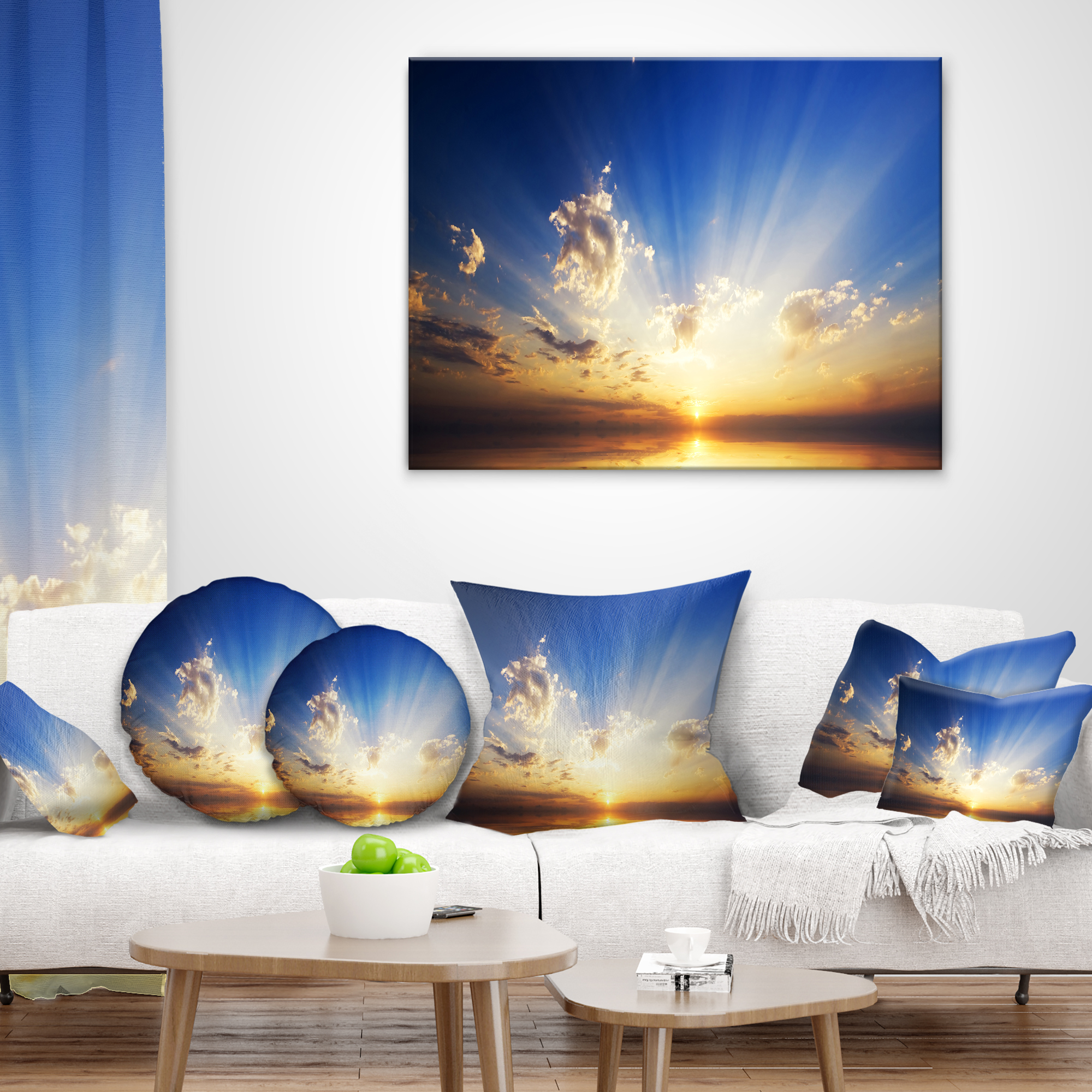 Designart Sunset in the Ocean Blue Sky Panorama - Seashore Throw Pillow - 16x16