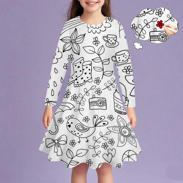 Odeerbi Niñas Colorido Vestido Pintado A Mano Vestido Manga Larga Vestido Línea Dibujo Vestido Cuello Redondo