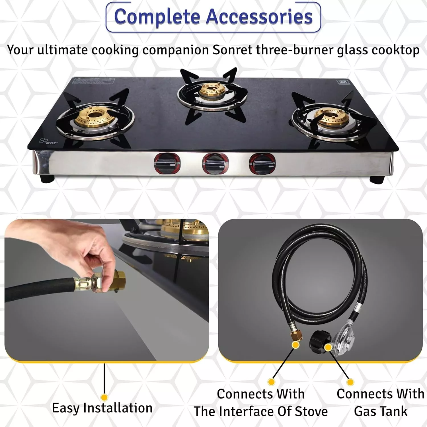 3 Burner Propane Stove - 30" Black Tempered Glass Counter Top Stove Gas Camping Stove with Stainless Steel Base 3 Burner Gas Stove Top for Cooking Range Gas kitchen Stove, with Hose & Regulator
