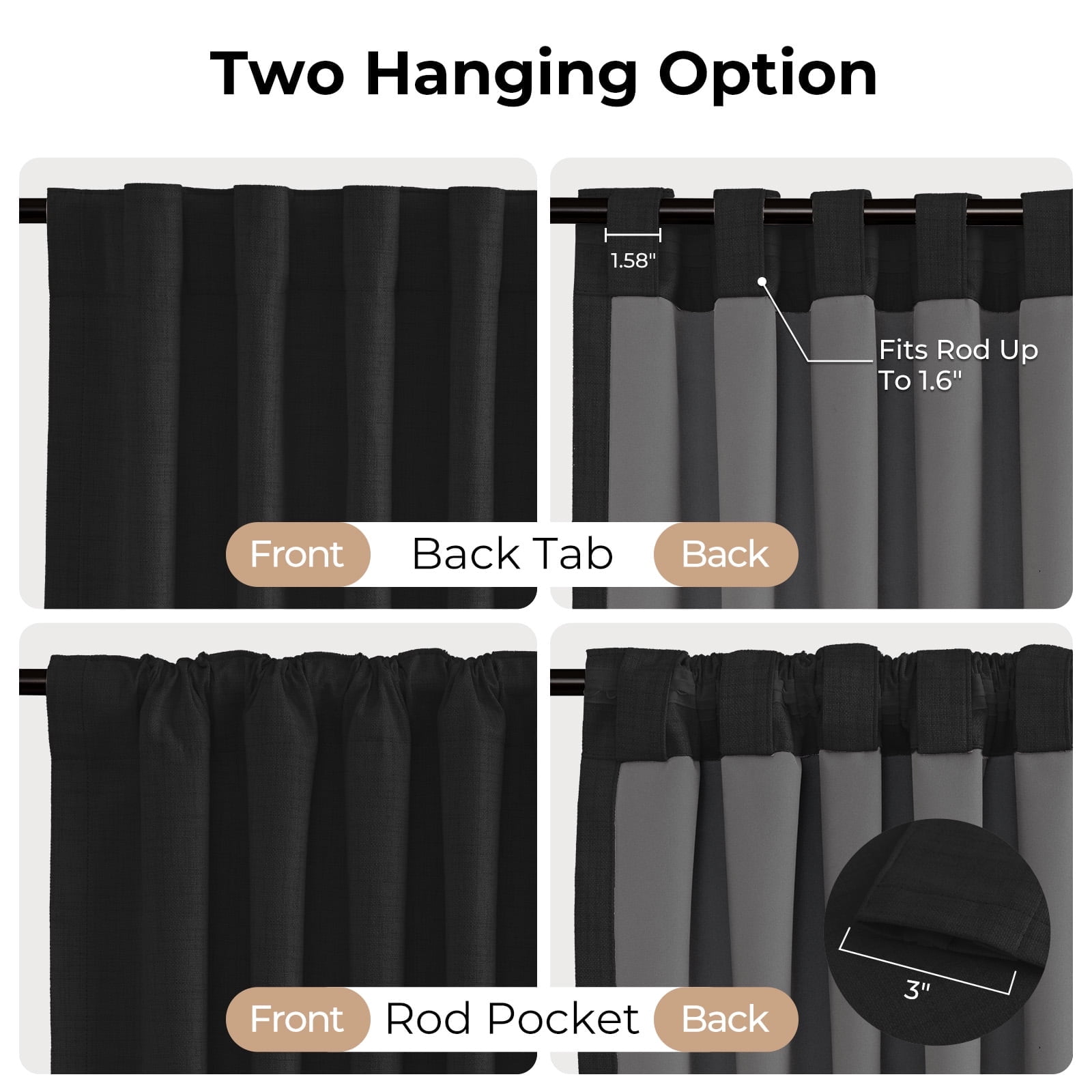 100% Blackout Curtains 90 inch Long for Bedroom,Set of 2 Panels, Faux Linen Thermal Insulated Back Tab Curtain Drapes with Room Darkening,Black