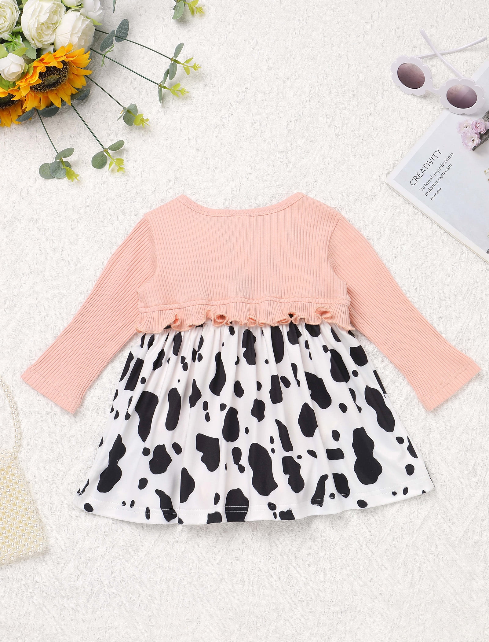 IWEMEK Baby Girls Dresses Cow Print Crew Neck Long Sleeve Romper Comfort Casual Fall Outfits Size 12-18M