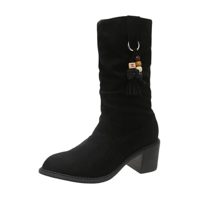 Bottes de Mode Noires pour Femmes avec Daim et Pendentif pour l'Automne
