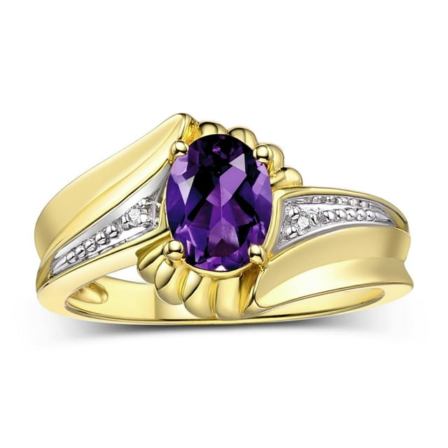 RYLOS Rings for Women 14K Yellow Gold Swirl Z Ring 7X5MM Oval Gemstone & Diamond Rings February Amethyst Jewelry Size 6