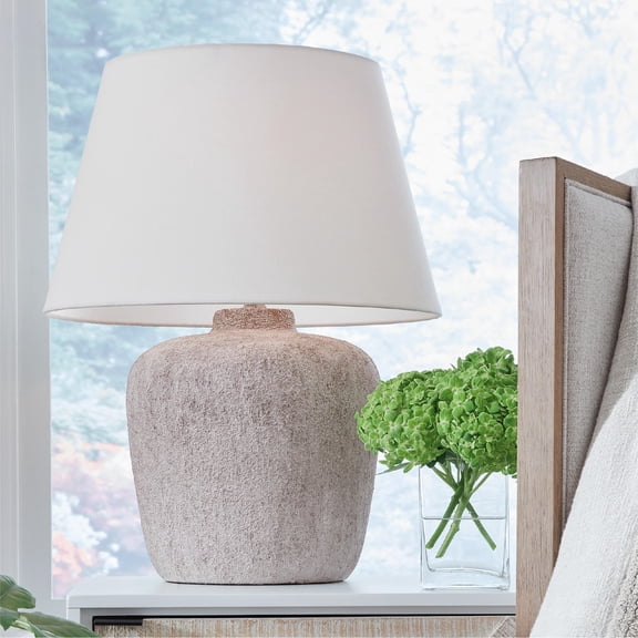Signature Design by Ashley Danry Distressed Cream Table Lamp, Metal Base with Fabric Shade, 3-Way Switch
