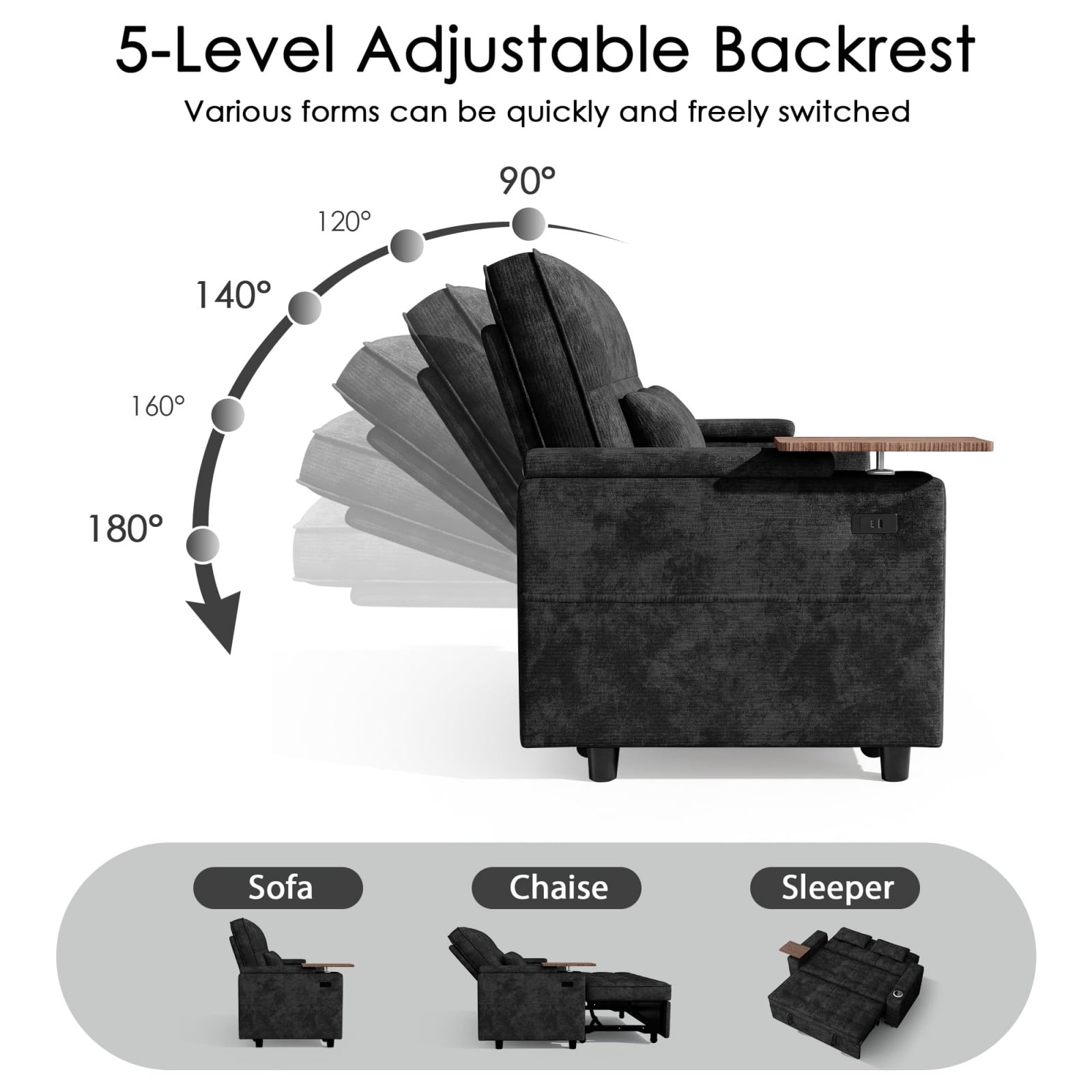 65" Sleeper Sofa Bed, 3 in 1 Convertible Pull Out Couch with Chenille Fabric, USB Ports, Storage Arms, Adjustable Backrest for Apartment Living Room, Black