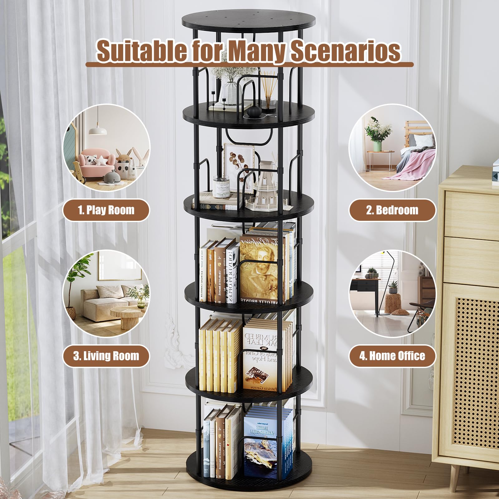 Flycity 5-Tier 360° Rotating Bookcase, Black photo 6