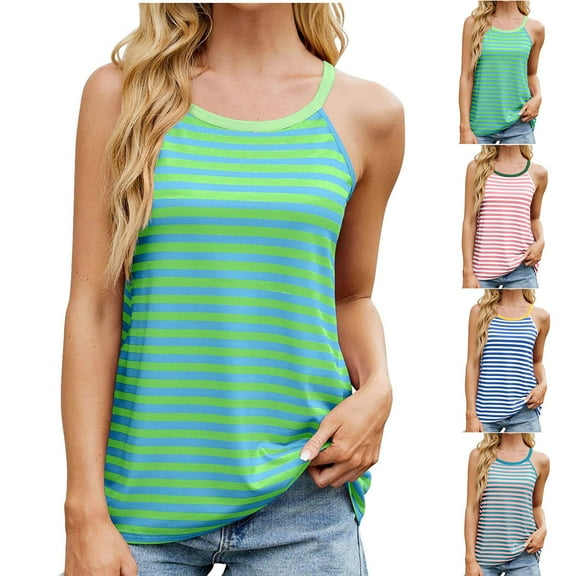 Tanks for Women Women Tank Top Women Spring And Summer Women's Sleeveless Color Matching Striped Tank Round Neck Tank Pink S