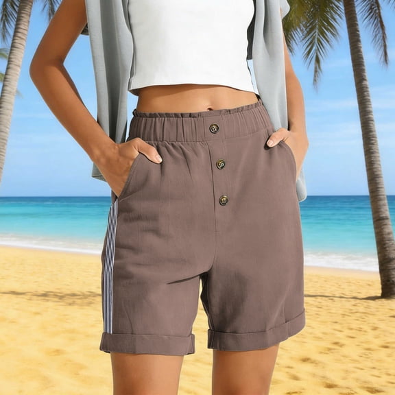 Nuoqisi Women's Fashion Side Stripe Cotton Shorts with Fake Placket Buttons - Casual Summer Bottoms with Smart Detail for Stylish Outings