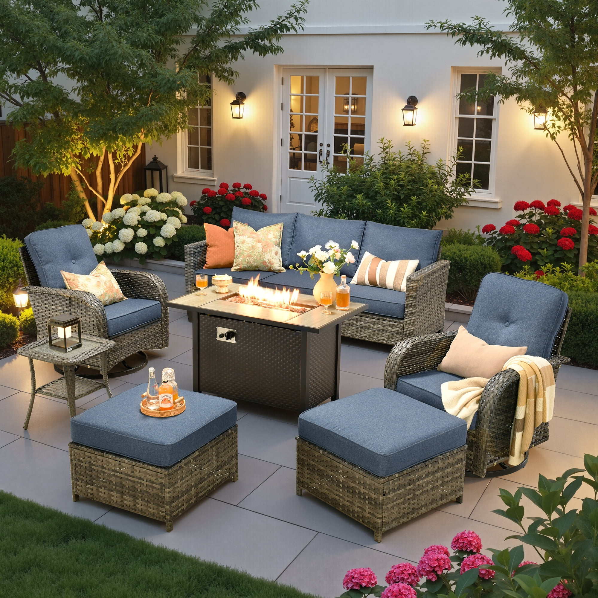 Ovios 7 Pieces Patio Furniture Set Outdoor Conversation All-Weather Rattan Sectional Sofa with Fire Pit Table & Swivel Chairs