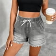 thumbnail image 3 of Livrdious Womens Jean Shorts Frayed Hem High Elastic Waisted Denim Shorts with Drawstring, Casual Summer Mid Thigh Loose Fit Shorts with Pockets, 3 of 7