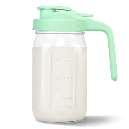 Mason Jar Pitcher, 32 oz Glass Milk Pitcher, Wide Mouth & Leakproof Glass Pitcher with Lid for milk, Sun Tea, Juice, Cold Brew Coffee and Drinks