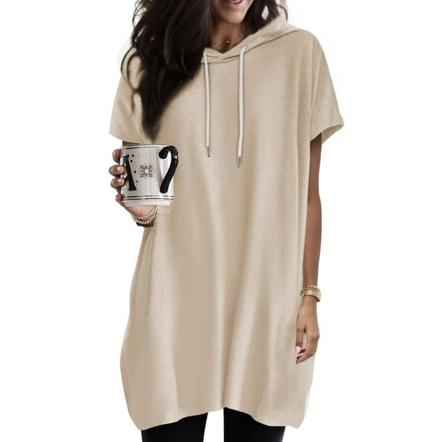 Qertyioot New Women's Solid Color Hooded Drawstring Round Neck Short Sleeved T-shirt Loose Top