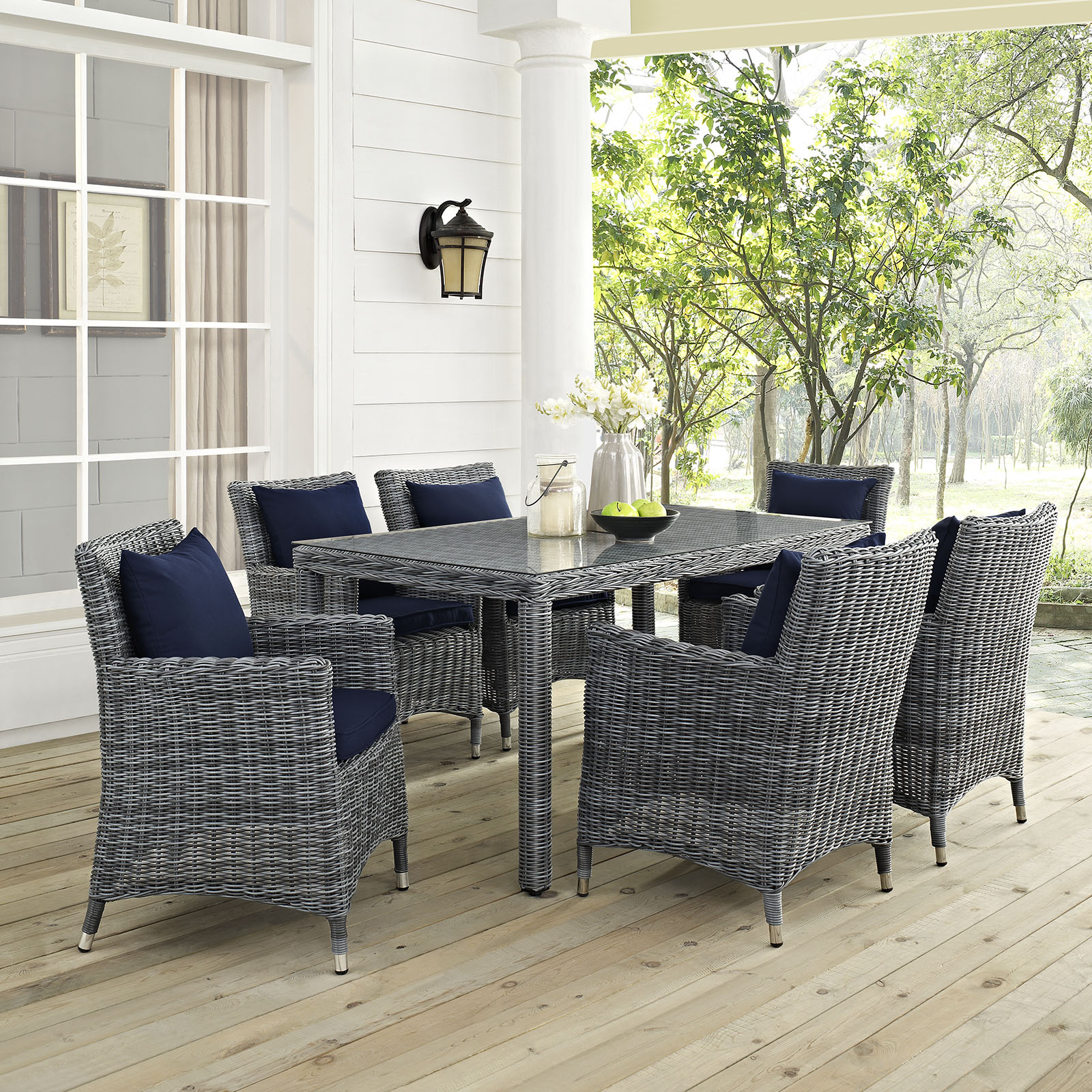 Modern Contemporary Urban Design Outdoor Patio Balcony Seven PCS Dining Chairs and Table Set, Navy Blue, Rattan - image 2 of 7