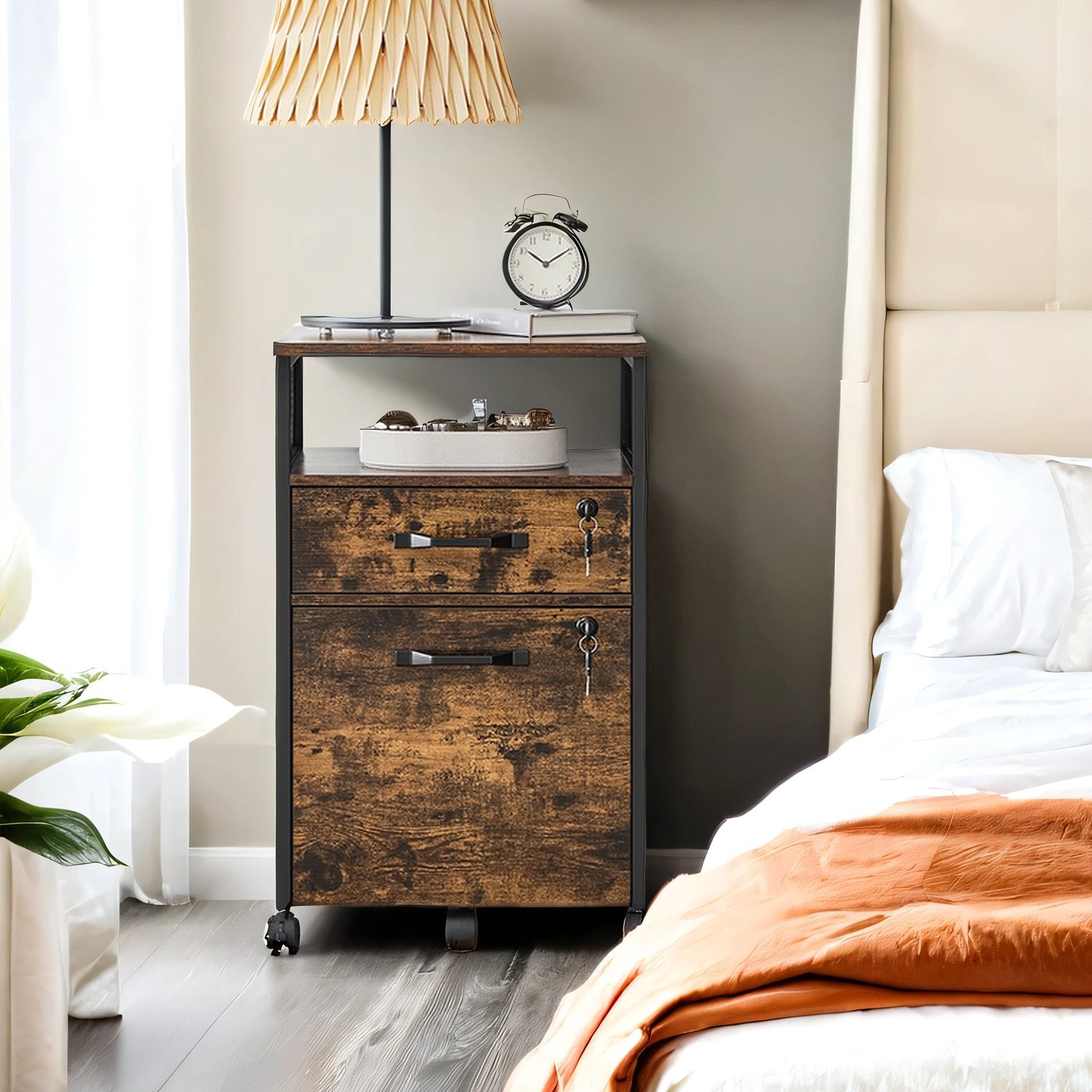 LEDREM Mobile 2-Drawer File Cabinet with Lock & Wheels, Steel Frame Office Storage for A4/Letter Files, Includes Open Shelf & Locking Casters, Rustic Brown and Black