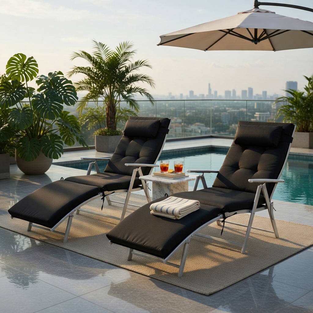 Hommoo Adjustable Folding Chaise Lounge Chair for Outdoor Use, Lightweight Steel Frame, Removable Pillow & Cushion, 7-Position Ergonomic Backrest, Black