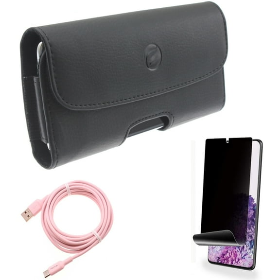 Case Belt Clip w Privacy Screen Protector w 10ft Long USB-C Cable for Samsung Galaxy S20 Plus - Leather Holster Cover, TPU Film [NOT GLASS] [Fingerprint Works], Pink Charger Cord fits Galaxy S20 Plus