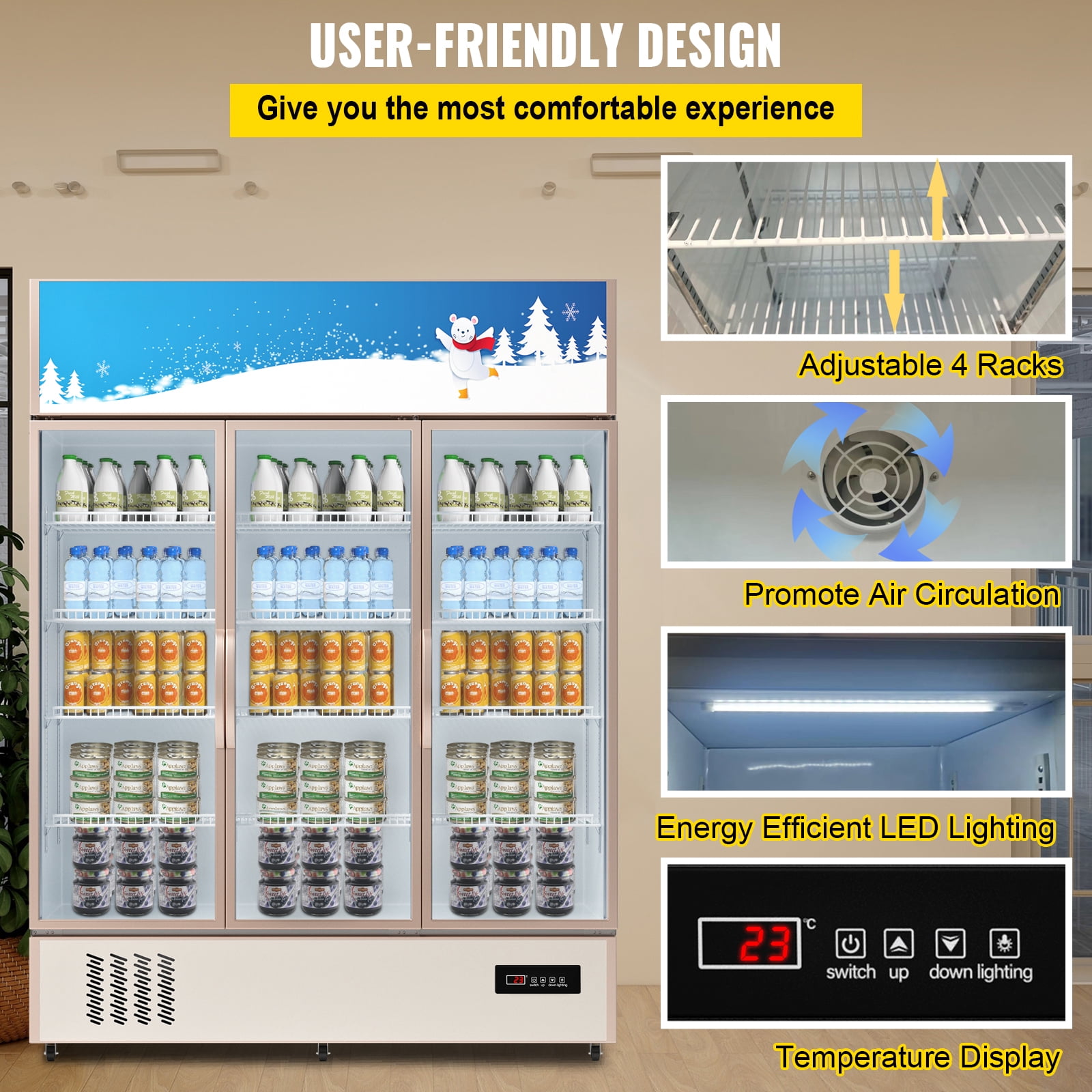 KFFKFF Commercial Merchandiser Refrigerator, Triple Glass Doors, 31.6 Cubic Ft, Upright Display Beverage Cooler, 79" Tall x 60" Width, Fridge with LED Lighting for Drink Wine Soda, Gold
