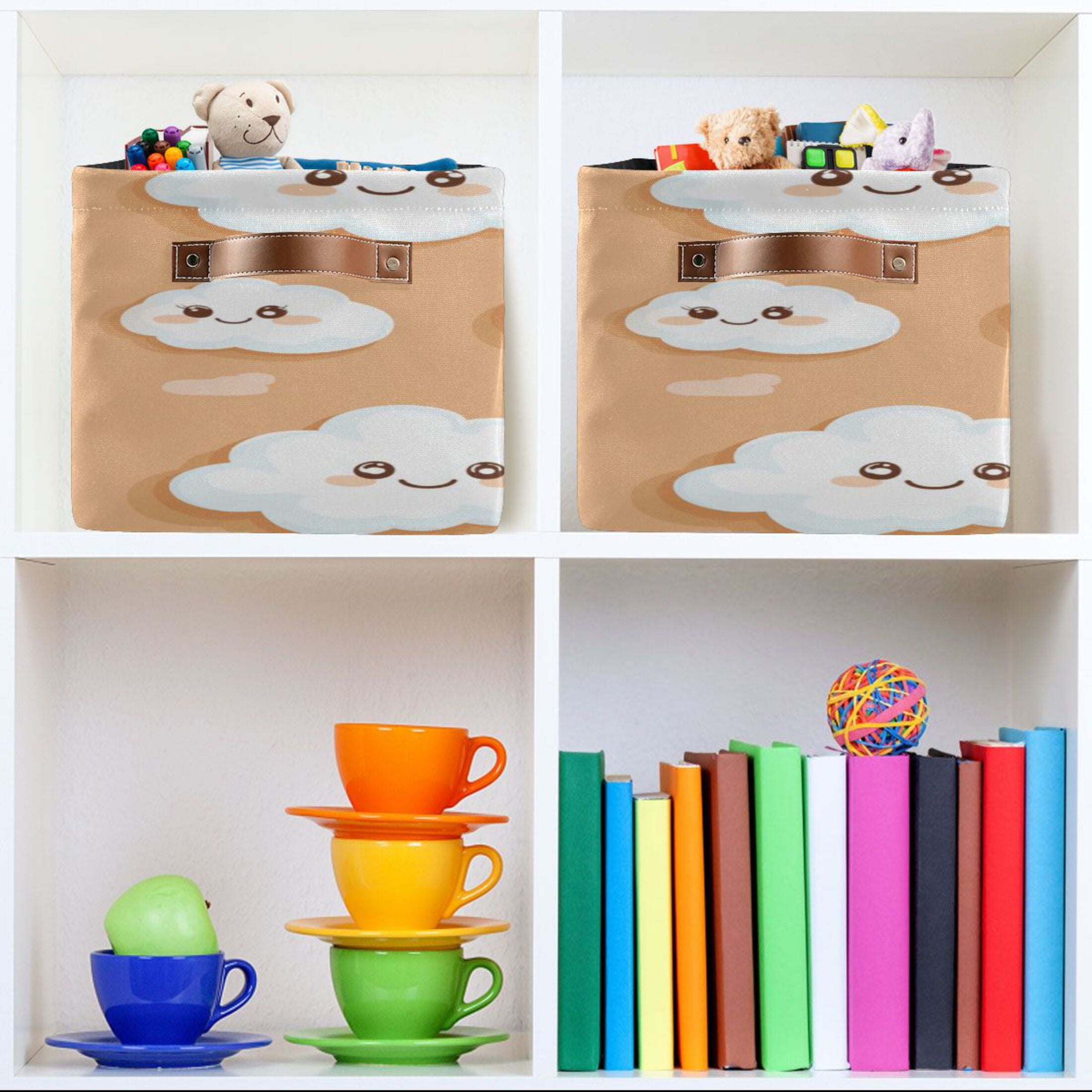 Cute White Clouds Foldable Storage Basket,Canvas Fabric Foldable Storage Bins with Handles Open Home Storage Bins Boxes for Toy Book Shelf Closet Baskets